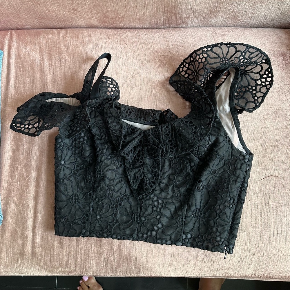 Rebecca taylor embroidered lace silk crop top